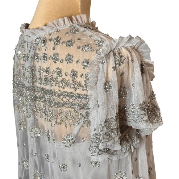 Needle Thread Heavily Beaded Top Sz XS Gray Embellished By Hand Luxury Event - Picture 5 of 16